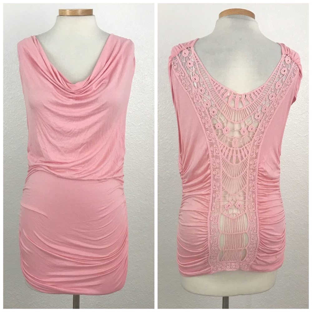 - Pink Rouched Cowl Neck Crochet Sheer Back Tunic
